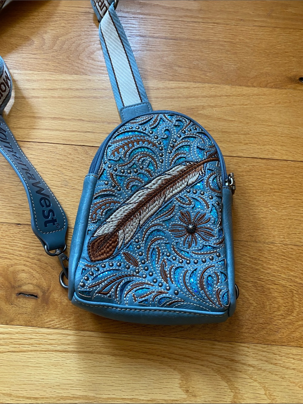 Montana West Turquoise Blue Feather Embroidered Crossbody Bag